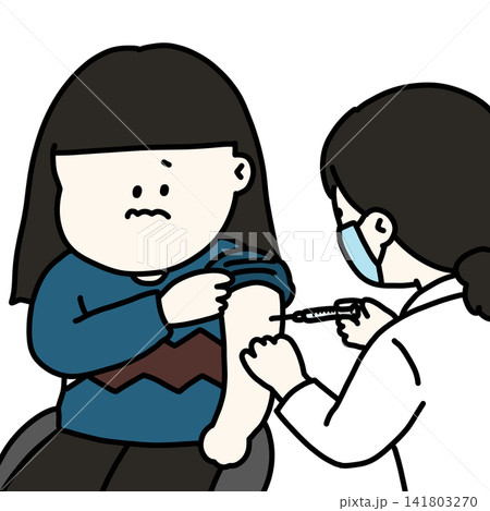注射の様子をじっと見つめて予防接種を受ける女性のイラスト(背景透過) 注射の様子をじっと見つめて予防接種を受ける女性のイラスト(背景透過) 141803270
