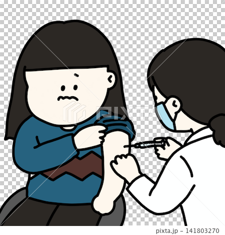 注射の様子をじっと見つめて予防接種を受ける女性のイラスト(背景透過) 注射の様子をじっと見つめて予防接種を受ける女性のイラスト(背景透過) 141803270