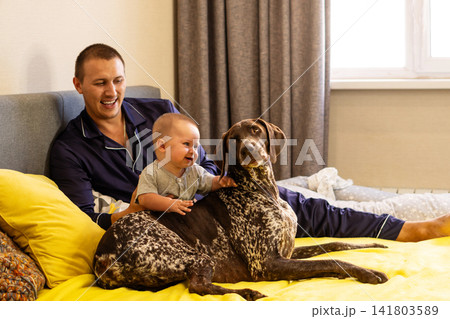 Smiling Baby Son Touching Family Dog Beside Father Smiling Baby Son Touching Family Dog Beside Father 141803589