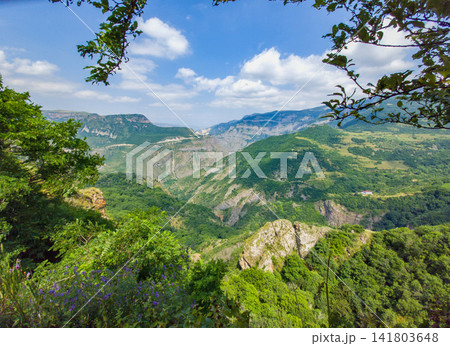 Panoramic view of forested mountains under bright blue sky Panoramic view of forested mountains under bright blue sky 141803648