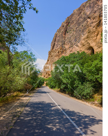 Serene mountain road framed by dense foliage and steep rock face 141803705