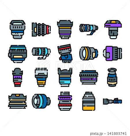 Camera lenses and optical equipment line icons set Camera lenses and optical equipment line icons set 141803741