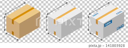 A set of illustrations of cardboard boxes with dimension arrows and a cool delivery mark. A set of illustrations of cardboard boxes with dimension arrows and a cool delivery mark. 141803928