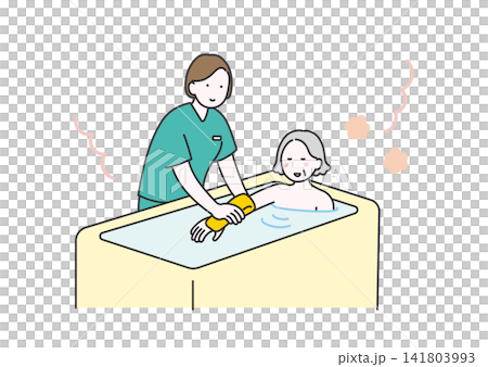 An illustration depicting a caregiver assisting elderly people with bathing. An illustration depicting a caregiver assisting elderly people with bathing. 141803993