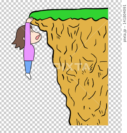 A comical illustration of a young woman clinging to a cliff with both hands, desperately trying to avoid falling off. A comical illustration of a young woman clinging to a cliff with both hands, desperately trying to avoid falling off. 141804091