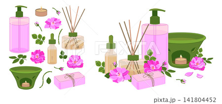 Damask rose flowers, reed diffuser, dropper bottle, essential oils, liquid soap dispenser, and aroma lamp. Vector aromatherapy products set. Ideal for spas, wellness and beauty treatments. Flat style. 141804452