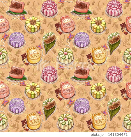 Mid-Autumn Festival Mooncake Seamless Pattern in Warm Cream Tones Mid-Autumn Festival Mooncake Seamless Pattern in Warm Cream Tones 141804471