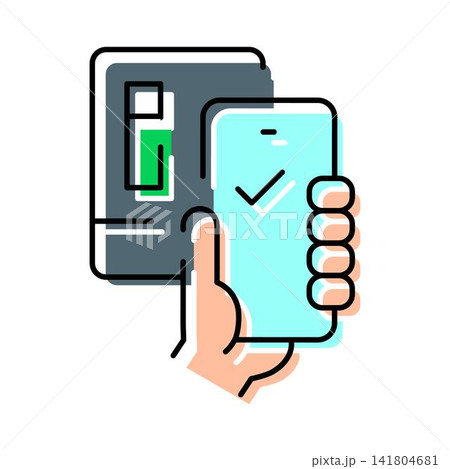 Hand holding smartphone performing mobile contactless payment transaction 141804681