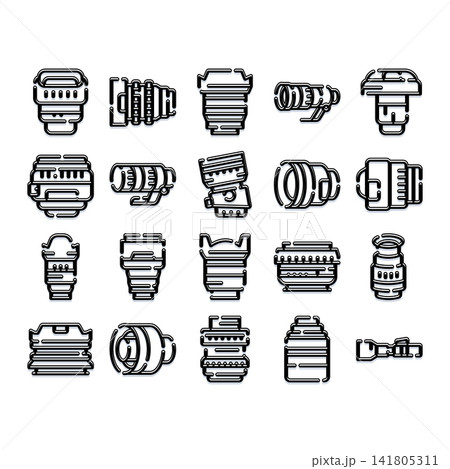 Camera lenses and photographic equipment icons set Camera lenses and photographic equipment icons set 141805311