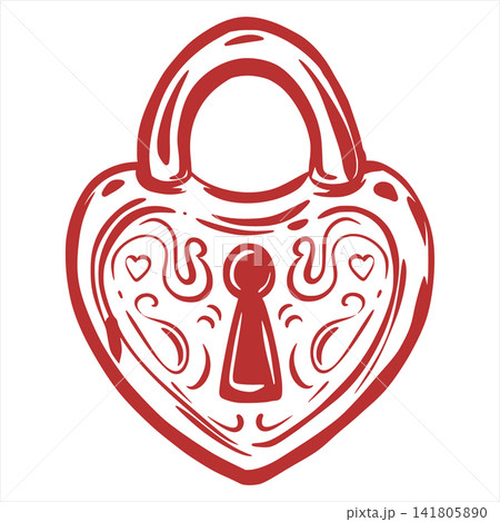 A vector heart shaped lock with ornate swirls. Symbol of love devotion for Valentine's Day. Clipart for greeting card, wedding invitation. Line sketch in a Coquette style. 141805890