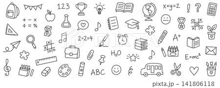 School Education Doodle Icon Set with Backpack, Books, Globe, Pencil, Calculator, Science, Math, Music, Art and Classroom Supplies Isolated School Education Doodle Icon Set with Backpack, Books, Globe, Pencil, Calculator, Science, Math, Music, Art and Classroom Supplies Isolated 141806118