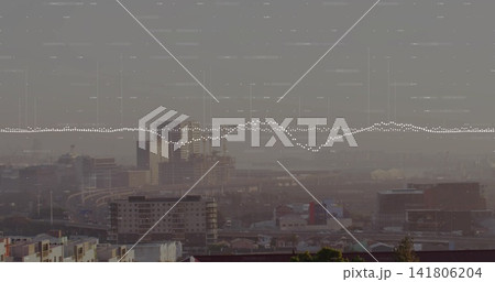 Framing skyline from roof showing roofs midrise block cranes building highrise waveform overlay Framing skyline from roof showing roofs midrise block cranes building highrise waveform overlay 141806204