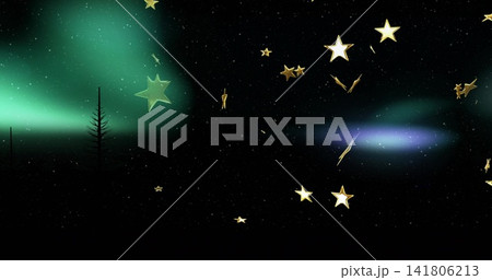 Drifting metallic gold star ornaments moving across night sky at forest edge, green aurora Drifting metallic gold star ornaments moving across night sky at forest edge, green aurora 141806213
