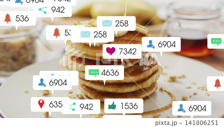 Pouring syrup over stack of pancakes with banana at breakfast table, showing social notifications Pouring syrup over stack of pancakes with banana at breakfast table, showing social notifications 141806251