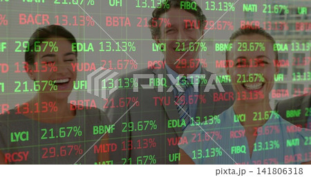 Standing five business professionals posing in corporate office with glass stock-ticker and suits 141806318