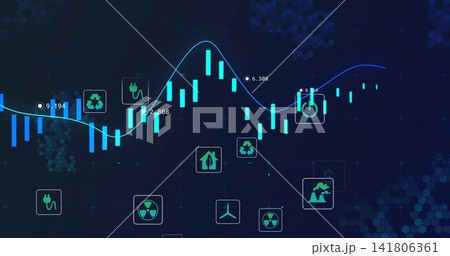 Displaying cyan candlestick bars and blue green trend line on dashboard, with energy icon tiles Displaying cyan candlestick bars and blue green trend line on dashboard, with energy icon tiles 141806361
