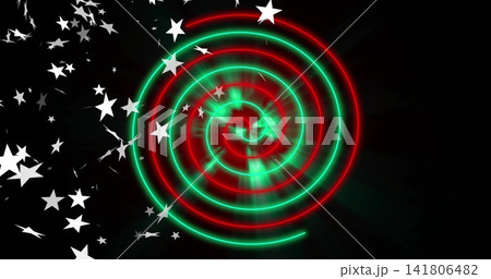 Spiraling neon red-green rings producing glowing core and radial streaks on black void, left stars Spiraling neon red-green rings producing glowing core and radial streaks on black void, left stars 141806482
