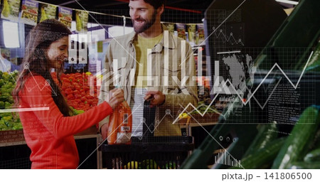 Holding juice bottle, red sweater woman and beige jacket man sharing basket in market with overlays 141806500