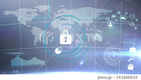 Displaying central white padlock pulsing over security panel, showing turquoise rings, dotted map Displaying central white padlock pulsing over security panel, showing turquoise rings, dotted map 141806610