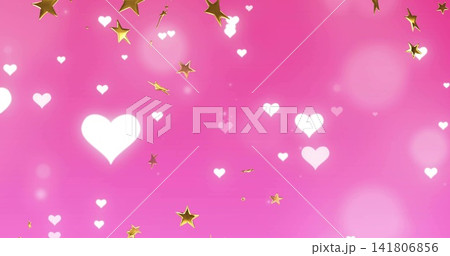 Glowing pattern filling pink gradient backdrop showing white hearts, gold stars, bokeh sparkles 141806856