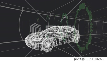 Rotating wireframe 3D car model sliding through curved virtual tunnel, with green HUD rings Rotating wireframe 3D car model sliding through curved virtual tunnel, with green HUD rings 141806925