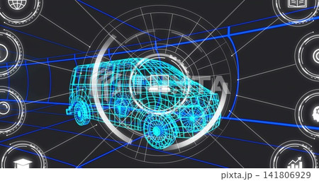 Displaying cyan wireframe van model centered in virtual dashboard, showing HUD rings and node links Displaying cyan wireframe van model centered in virtual dashboard, showing HUD rings and node links 141806929