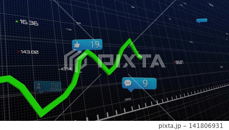 Displaying neon green line graph climbing across dark 3D grid, showing blue engagement labels Displaying neon green line graph climbing across dark 3D grid, showing blue engagement labels 141806931
