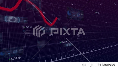 Displaying thick red trend line descending across digital dashboard, with floating HUD panels Displaying thick red trend line descending across digital dashboard, with floating HUD panels 141806939
