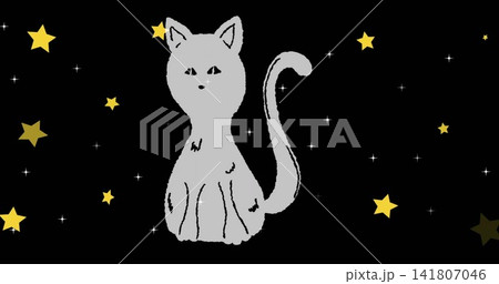 Sitting stylized gray cat curling tail in starry black space, among yellow stars, white sparkles Sitting stylized gray cat curling tail in starry black space, among yellow stars, white sparkles 141807046
