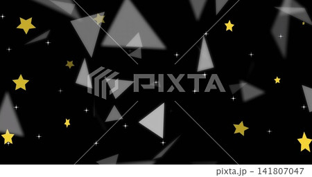 Glowing cluster drifting in black void, with blurred triangular shards, yellow stars, white dots Glowing cluster drifting in black void, with blurred triangular shards, yellow stars, white dots 141807047