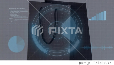 Showing dark paper bag with black rope handles on grid backdrop, displaying radar HUD, charts, code Showing dark paper bag with black rope handles on grid backdrop, displaying radar HUD, charts, code 141807057
