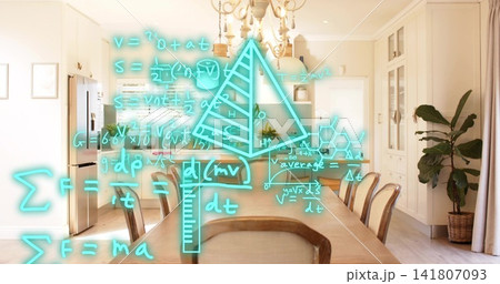 Hovering cyan hologram projecting math diagrams above long wooden dining table, chandelier 141807093
