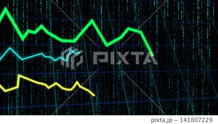Displaying three overlaid line charts sliding across display, green cyan yellow lines, gridlines Displaying three overlaid line charts sliding across display, green cyan yellow lines, gridlines 141807229
