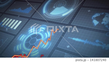 Displaying glowing circular HUD with concentric rings on analytics dashboard, orange zigzag overlay Displaying glowing circular HUD with concentric rings on analytics dashboard, orange zigzag overlay 141807240