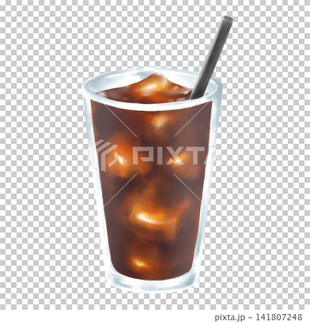 水彩畫，描繪了一杯冰咖啡和一根吸管。 141807248