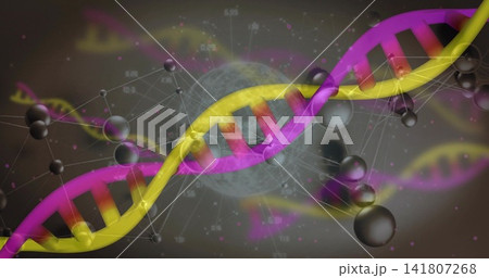 Displaying double-helix DNA twisting across lab render, showing base pairs and metallic nodes 141807268