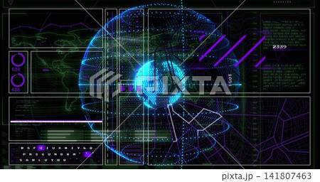 Projecting hologram globe rotating with cyan core, purple arc lines on HUD, with data panels Projecting hologram globe rotating with cyan core, purple arc lines on HUD, with data panels 141807463