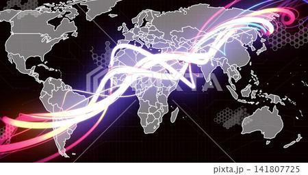 Streaming digital world map pulsing neon light trails across dark grid, with hexagon nodes 141807725