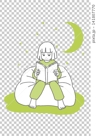An illustration of a girl reading a book under the moonlight, representing reading, relaxation, and sleep. An illustration of a girl reading a book under the moonlight, representing reading, relaxation, and sleep. 141807770