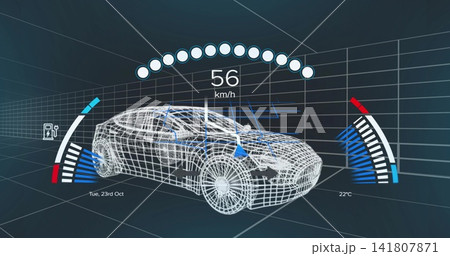 Displaying white wireframe 3D car model rotating in virtual 3D workspace, showing 56 km or h telemet Displaying white wireframe 3D car model rotating in virtual 3D workspace, showing 56 km or h telemet 141807871