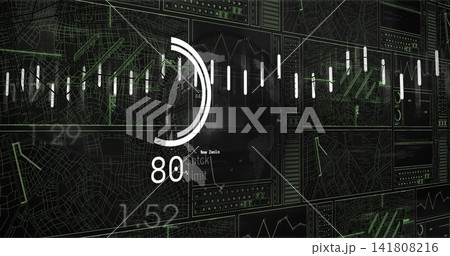 Displaying semi-circular gauge showing numeric 80 on control wall with green map traces, sparklines 141808216