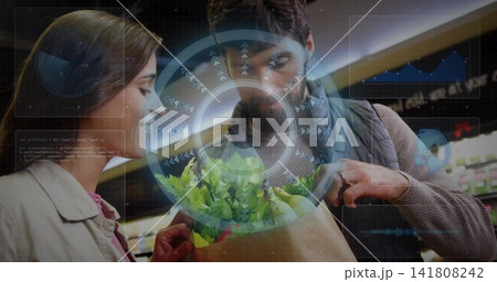 Inspecting shoppers in trench coat, vest with paper bag of produce in grocery aisle, AR HUD Inspecting shoppers in trench coat, vest with paper bag of produce in grocery aisle, AR HUD 141808242