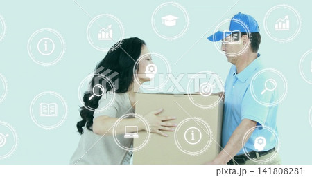 Exchanging box, woman and courier standing in teal studio with light-blue polo, blue cap, UI icons 141808281