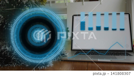 Displaying open silver laptop with blue vertical tabs and line graph on wooden desk, HUD overlay Displaying open silver laptop with blue vertical tabs and line graph on wooden desk, HUD overlay 141808307