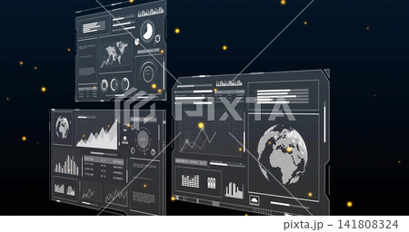 Showing three floating hologram panels in virtual space, displaying dotted globe charts gauges Showing three floating hologram panels in virtual space, displaying dotted globe charts gauges 141808324