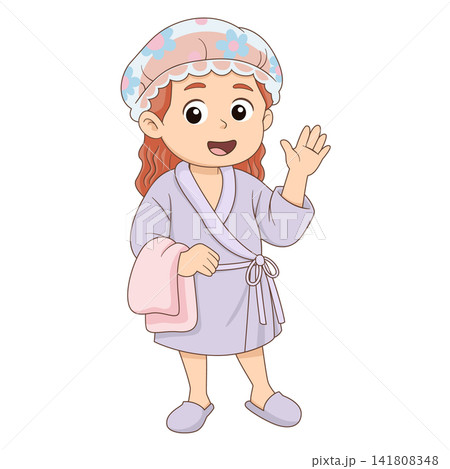 Cute little girl waving wearing bathrobe shower cap cartoon hygiene illustration character Cute little girl waving wearing bathrobe shower cap cartoon hygiene illustration character 141808348