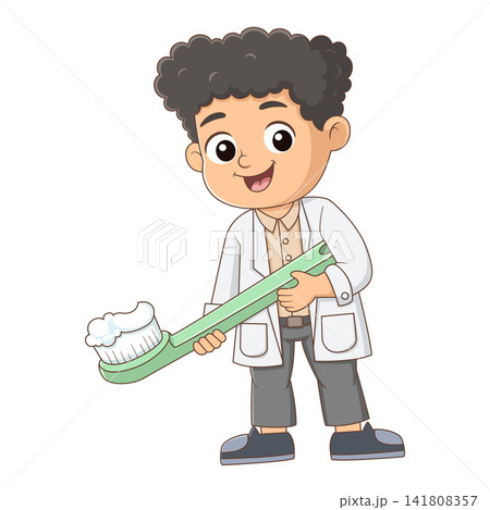 Cute boy holding giant toothbrush promoting oral hygiene cartoon educational illustration 141808357