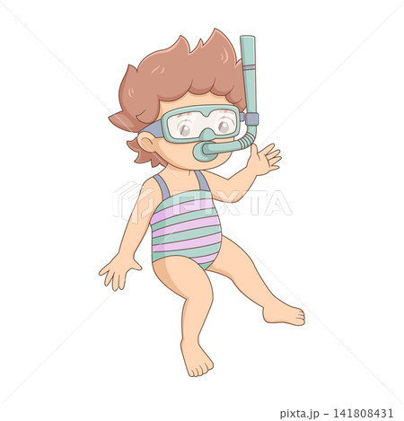 Cute child snorkeling underwater cartoon character summer vacation illustration swimming fun Cute child snorkeling underwater cartoon character summer vacation illustration swimming fun 141808431