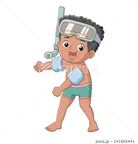 Cute little boy snorkeling cartoon swimmer summer vacation illustration with float Cute little boy snorkeling cartoon swimmer summer vacation illustration with float 141808443