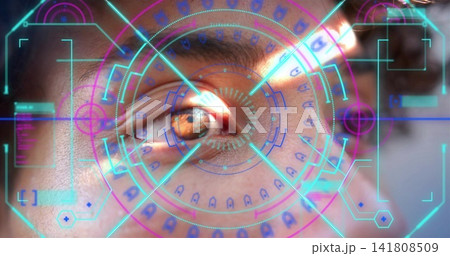 Scanning male right eye with HUD concentric reticles at lab, showing iris and cornea reflection 141808509